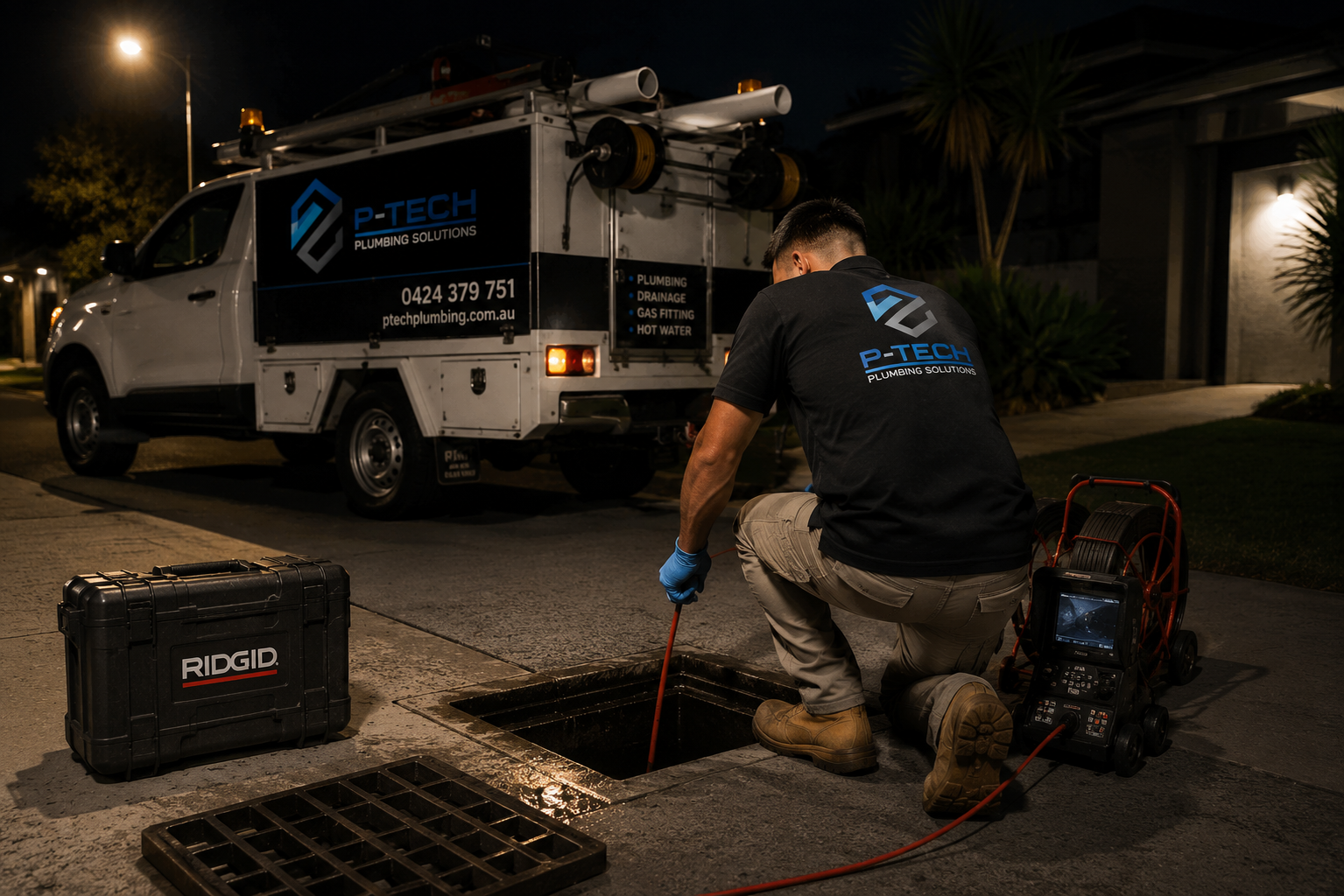 P-Tech emergency plumber working at night