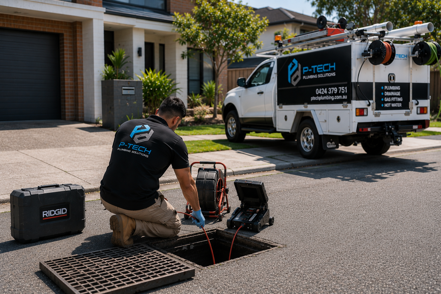 P-Tech plumber clearing a blocked drain in Sydney