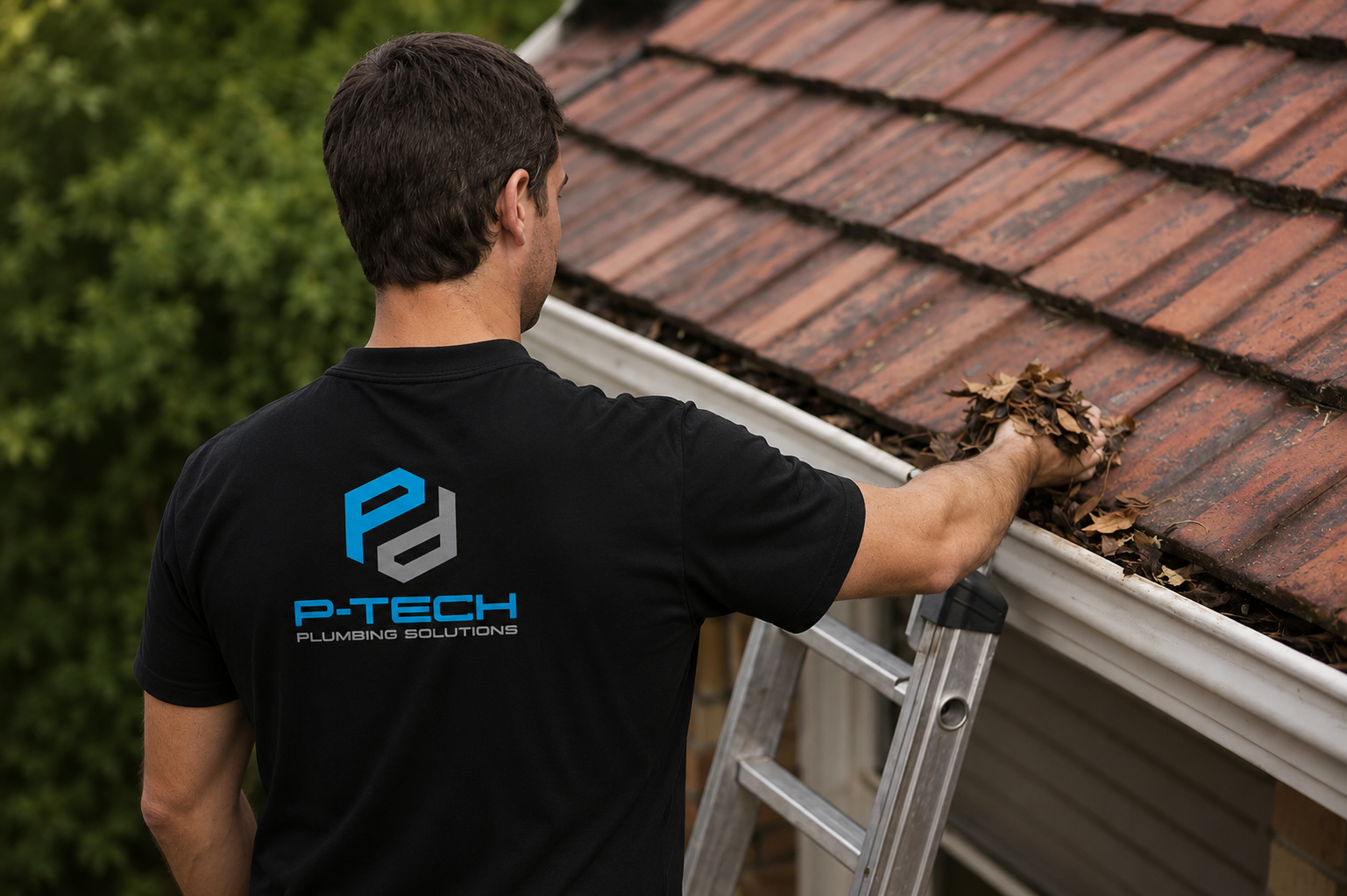 P-Tech plumber completing gutter and roof plumbing work