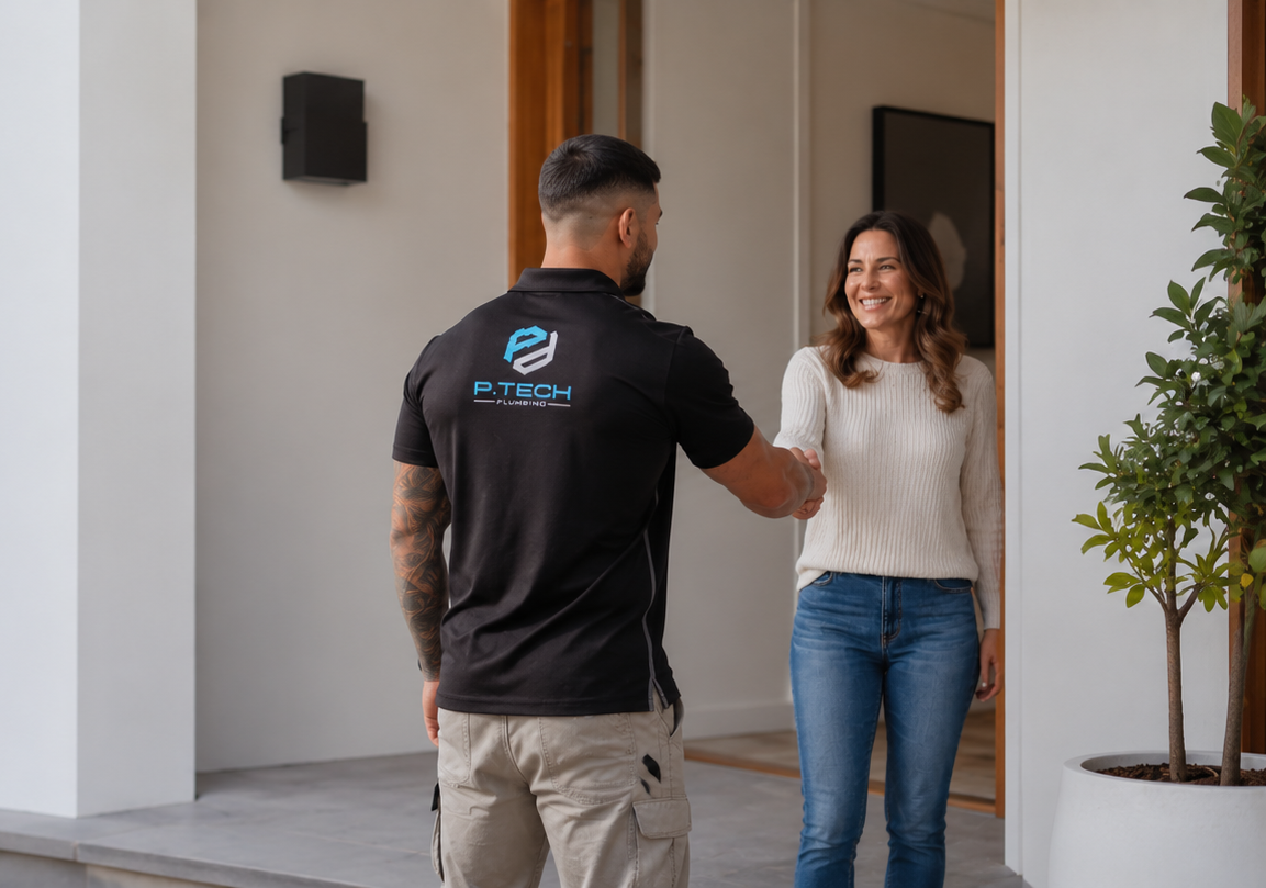 P-Tech plumber speaking with a Sydney homeowner